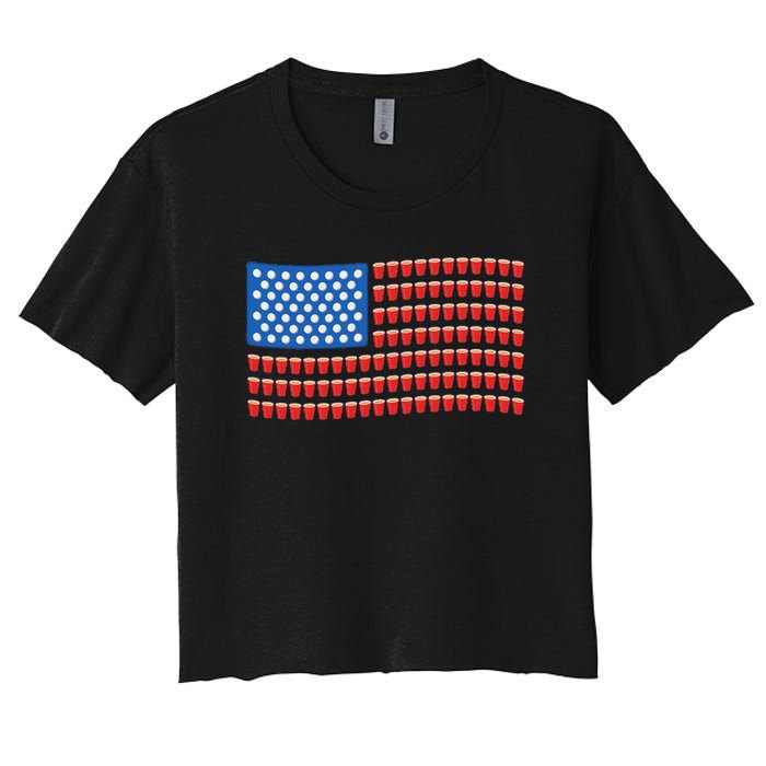 Funny 4th Of July Beer Pong American Flag Women's Crop Top Tee