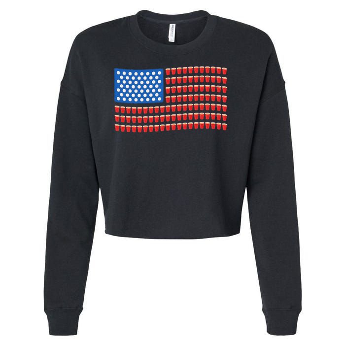 Funny 4th Of July Beer Pong American Flag Cropped Pullover Crew