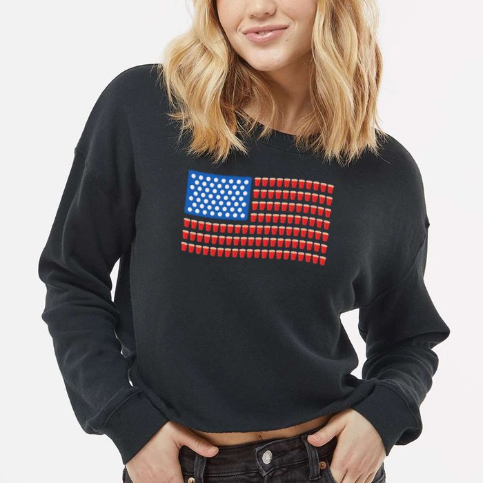 Funny 4th Of July Beer Pong American Flag Cropped Pullover Crew