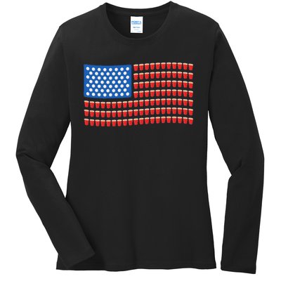 Funny 4th Of July Beer Pong American Flag Ladies Long Sleeve Shirt