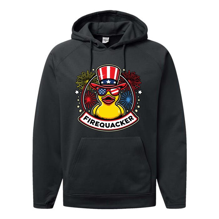 Firequacker 4th Of July Rubber Duck Usa Flag Performance Fleece Hoodie