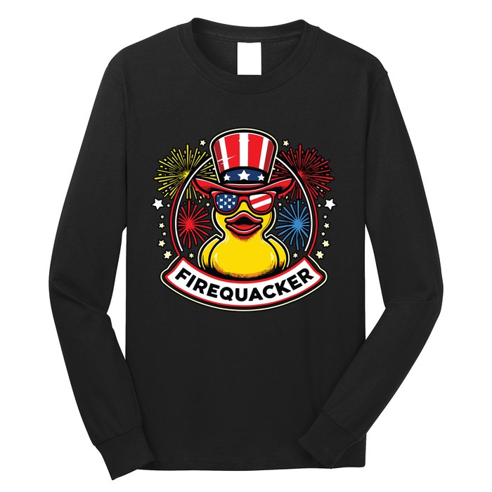 Firequacker 4th Of July Rubber Duck Usa Flag Long Sleeve Shirt