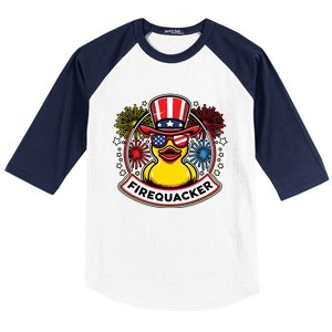 Firequacker 4th Of July Rubber Duck Usa Flag Baseball Sleeve Shirt