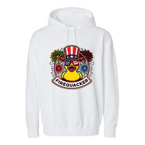 Firequacker 4th Of July Rubber Duck Usa Flag Garment-Dyed Fleece Hoodie