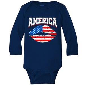 Funny 4th Of July American Flag Lips Mama Mom Sister Great Gift Baby Long Sleeve Bodysuit