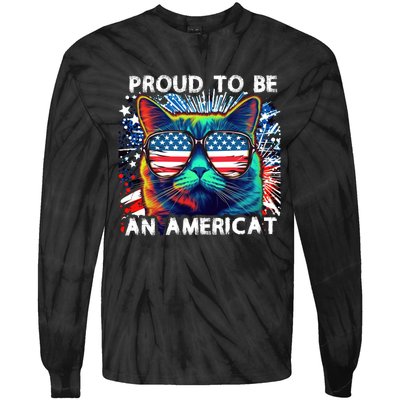 Funny 4th Of July Cat | Proud To Be An Americat Tie-Dye Long Sleeve Shirt