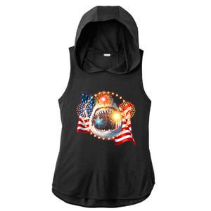 Fourth 4th Of July Fireworks Shark Ladies PosiCharge Tri-Blend Wicking Draft Hoodie Tank