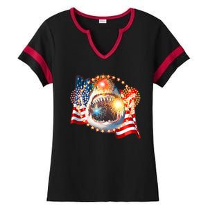 Fourth 4th Of July Fireworks Shark Ladies Halftime Notch Neck Tee