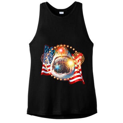 Fourth 4th Of July Fireworks Shark Ladies PosiCharge Tri-Blend Wicking Tank