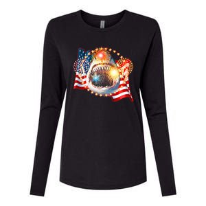 Fourth 4th Of July Fireworks Shark Womens Cotton Relaxed Long Sleeve T-Shirt