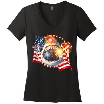 Fourth 4th Of July Fireworks Shark Women's V-Neck T-Shirt