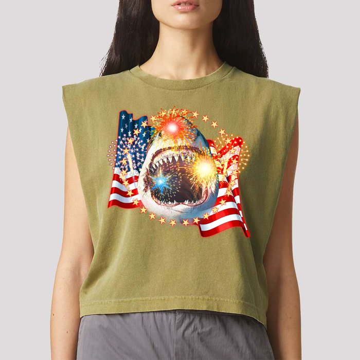 Fourth 4th Of July Fireworks Shark Garment-Dyed Women's Muscle Tee