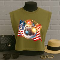 Fourth 4th Of July Fireworks Shark Garment-Dyed Women's Muscle Tee