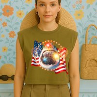 Fourth 4th Of July Fireworks Shark Garment-Dyed Women's Muscle Tee