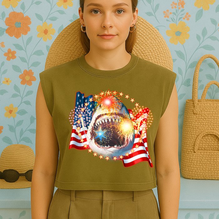 Fourth 4th Of July Fireworks Shark Garment-Dyed Women's Muscle Tee