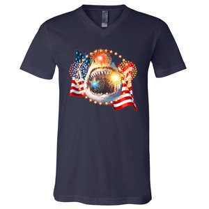 Fourth 4th Of July Fireworks Shark V-Neck T-Shirt