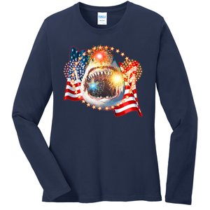 Fourth 4th Of July Fireworks Shark Ladies Long Sleeve Shirt