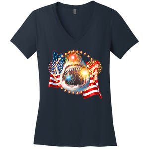 Fourth 4th Of July Fireworks Shark Women's V-Neck T-Shirt