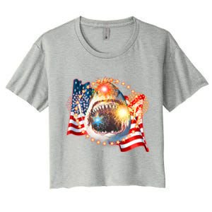 Fourth 4th Of July Fireworks Shark Women's Crop Top Tee