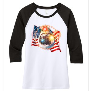 Fourth 4th Of July Fireworks Shark Women's Tri-Blend 3/4-Sleeve Raglan Shirt