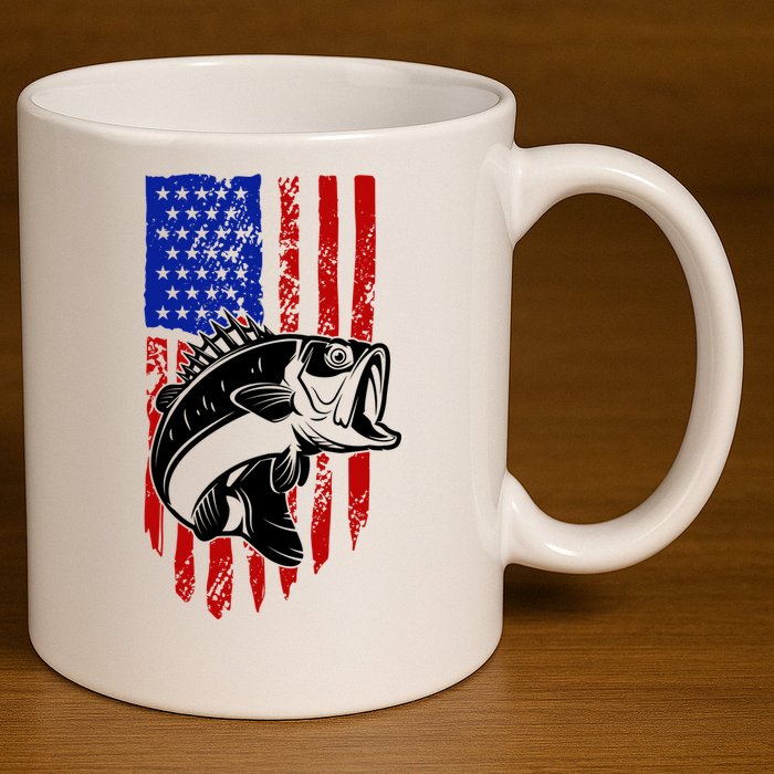 Fishing 4th Of July USA Flag 11oz C Handle Ceramic Mug