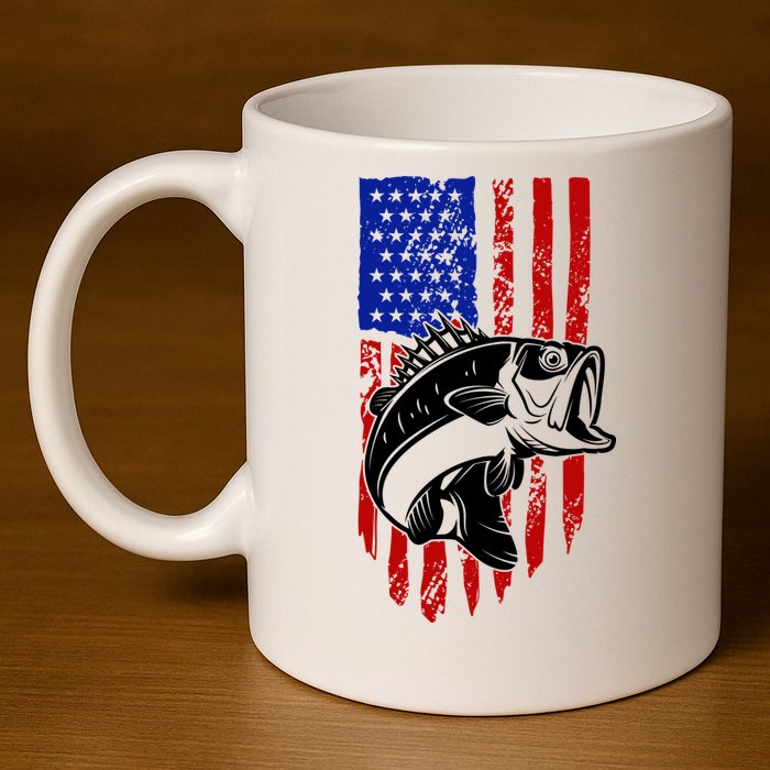 Fishing 4th Of July USA Flag 11oz C Handle Ceramic Mug