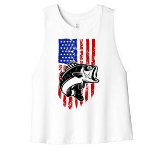 Fishing 4th Of July USA Flag Women's Racerback Cropped Tank