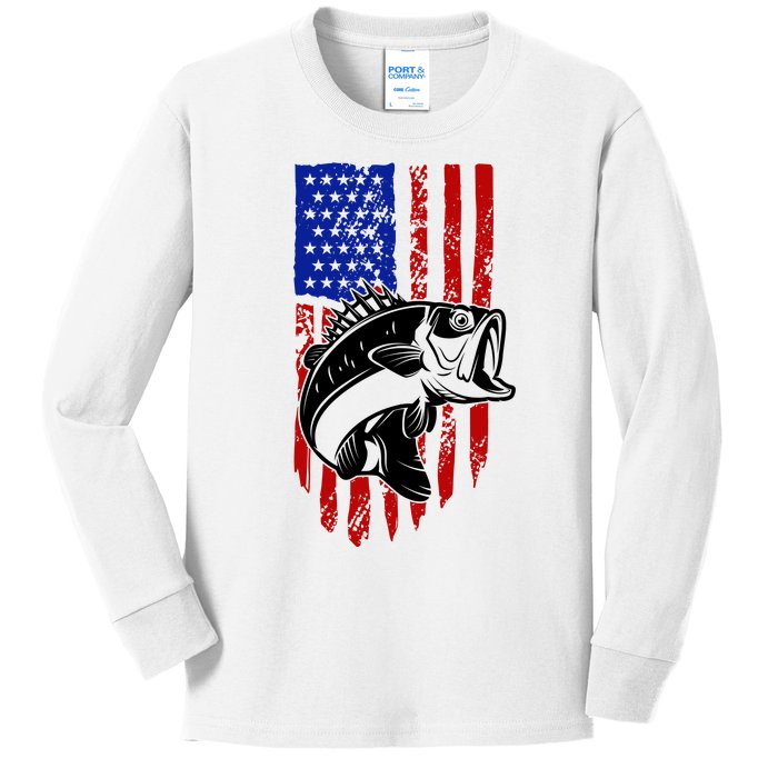 Fishing 4th Of July USA Flag Kids Long Sleeve Shirt