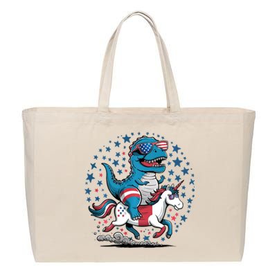 Funny 4th Of July Dinosaur Tyrannosaurus Rex Riding Unicorn Cotton Canvas Jumbo Tote