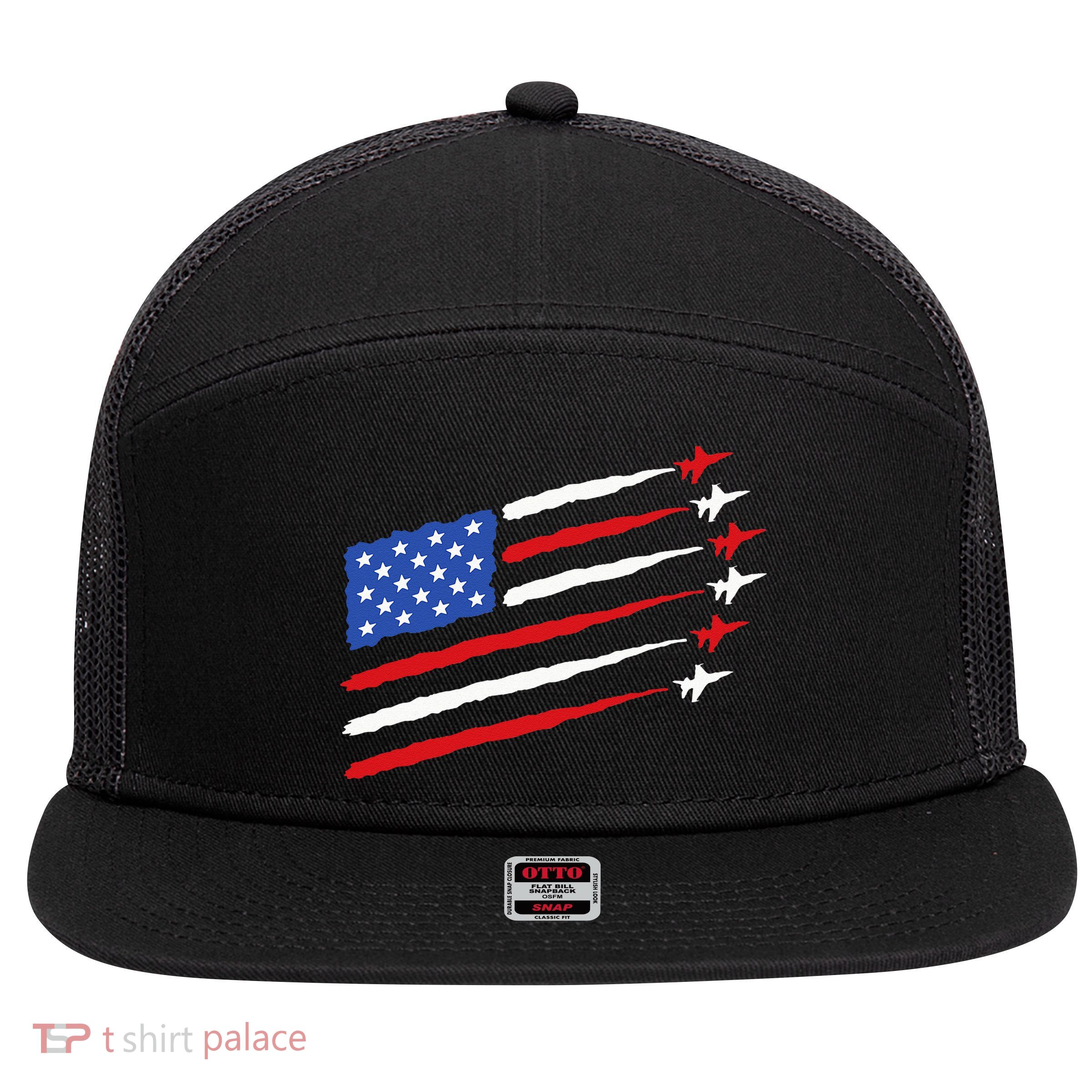 Funny 4th of July Fighter Jets USA American Flag Celebration 7 Panel Mesh Trucker Snapback Hat