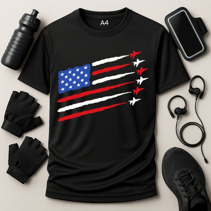 Funny 4th of July Fighter Jets USA American Flag Celebration Cooling Performance Crew T-Shirt