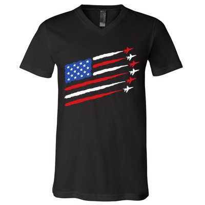 Funny 4th of July Fighter Jets USA American Flag Celebration V-Neck T-Shirt