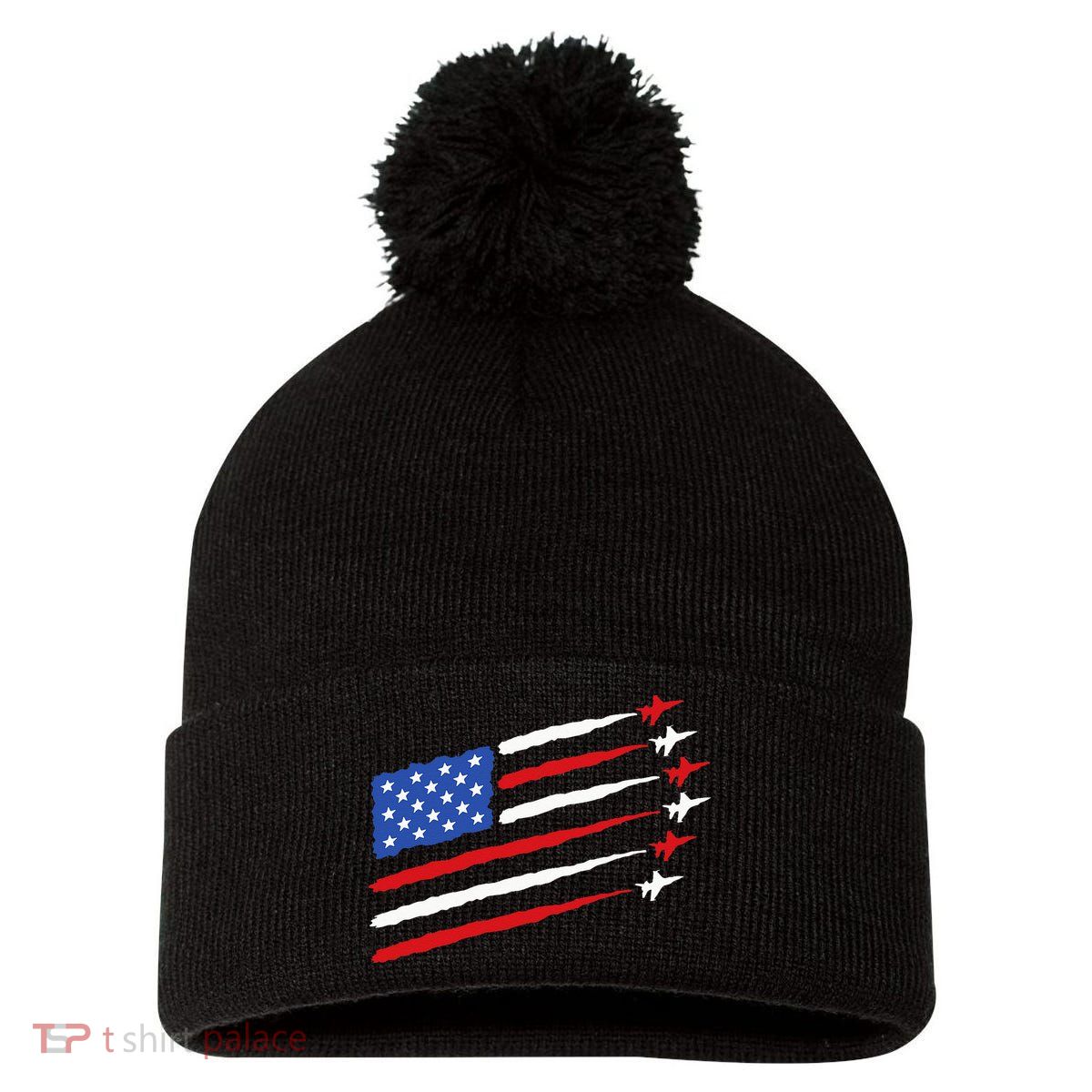 Funny 4th of July Fighter Jets USA American Flag Celebration Pom Pom 12in Knit Beanie
