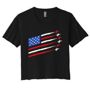 Funny 4th of July Fighter Jets USA American Flag Celebration Women's Crop Top Tee