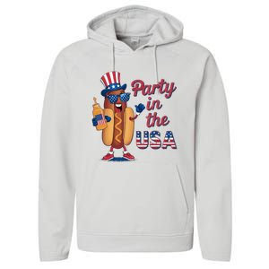 Funny 4th Of July Hot Dog Party In The Usa Performance Fleece Hoodie