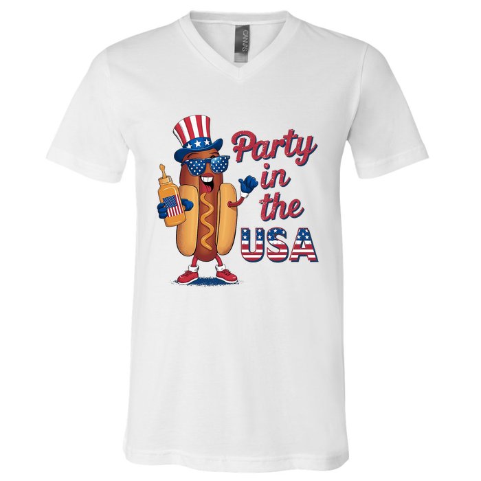 Funny 4th Of July Hot Dog Party In The Usa V-Neck T-Shirt