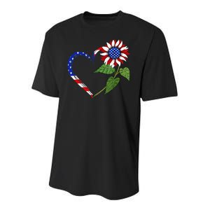 Fourth 4th Of July Sunflower USA American Flag Heart Cute Youth Performance Sprint T-Shirt