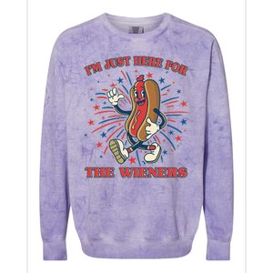 Funny 4th Of July Im Just Here For The Wieners Retro Cartoon Hotdog Colorblast Crewneck Sweatshirt