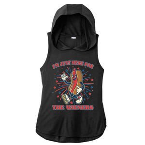 Funny 4th Of July Im Just Here For The Wieners Retro Cartoon Hotdog Ladies PosiCharge Tri-Blend Wicking Draft Hoodie Tank