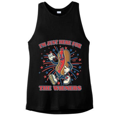 Funny 4th Of July Im Just Here For The Wieners Retro Cartoon Hotdog Ladies PosiCharge Tri-Blend Wicking Tank