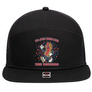 Funny 4th Of July Im Just Here For The Wieners Retro Cartoon Hotdog 7 Panel Mesh Trucker Snapback Hat