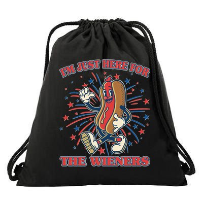 Funny 4th Of July Im Just Here For The Wieners Retro Cartoon Hotdog Drawstring Bag