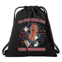 Funny 4th Of July Im Just Here For The Wieners Retro Cartoon Hotdog Drawstring Bag