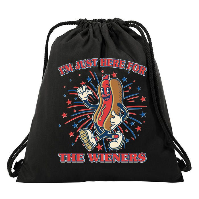 Funny 4th Of July Im Just Here For The Wieners Retro Cartoon Hotdog Drawstring Bag