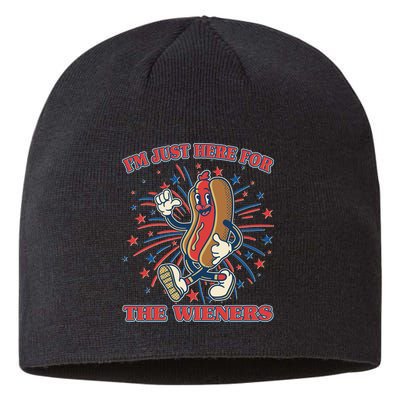 Funny 4th Of July Im Just Here For The Wieners Retro Cartoon Hotdog Sustainable Beanie