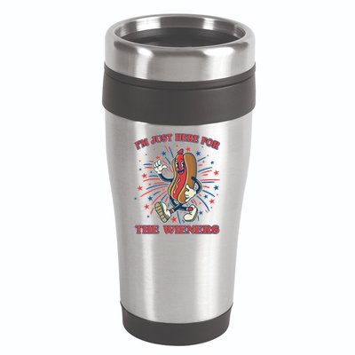 Funny 4th Of July Im Just Here For The Wieners Retro Cartoon Hotdog 16oz Travel Tumbler