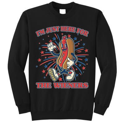 Funny 4th Of July Im Just Here For The Wieners Retro Cartoon Hotdog Tall Sweatshirt