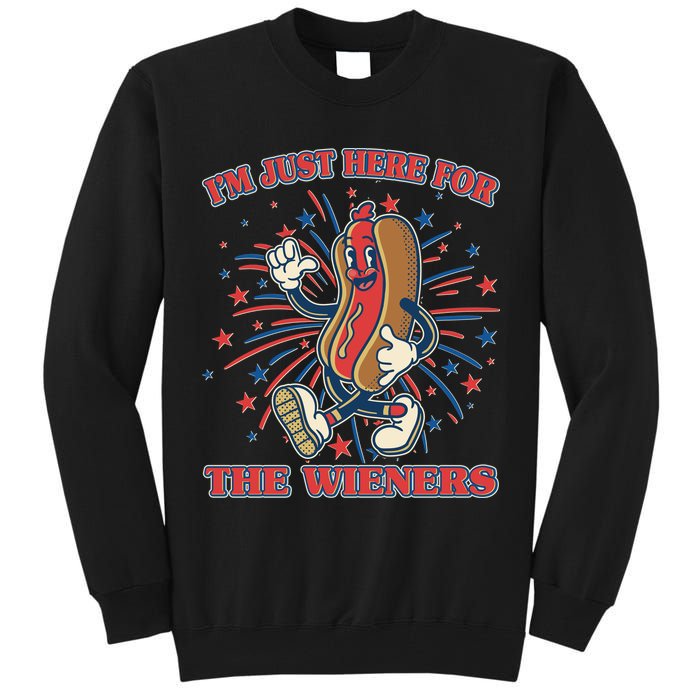 Funny 4th Of July Im Just Here For The Wieners Retro Cartoon Hotdog Tall Sweatshirt