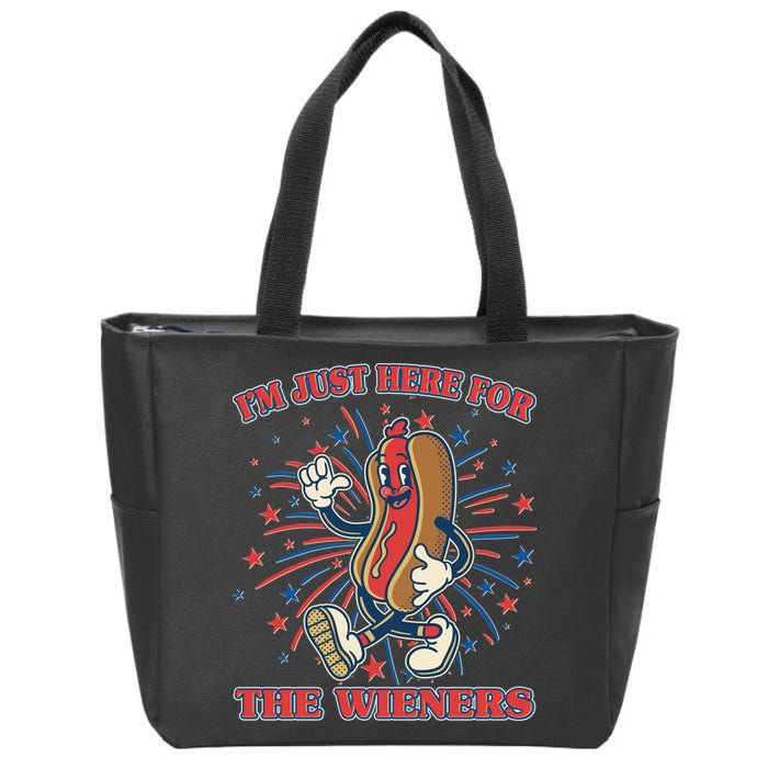Funny 4th Of July Im Just Here For The Wieners Retro Cartoon Hotdog Zip Tote Bag