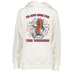 Funny 4th Of July Im Just Here For The Wieners Retro Cartoon Hotdog Womens Funnel Neck Pullover Hood